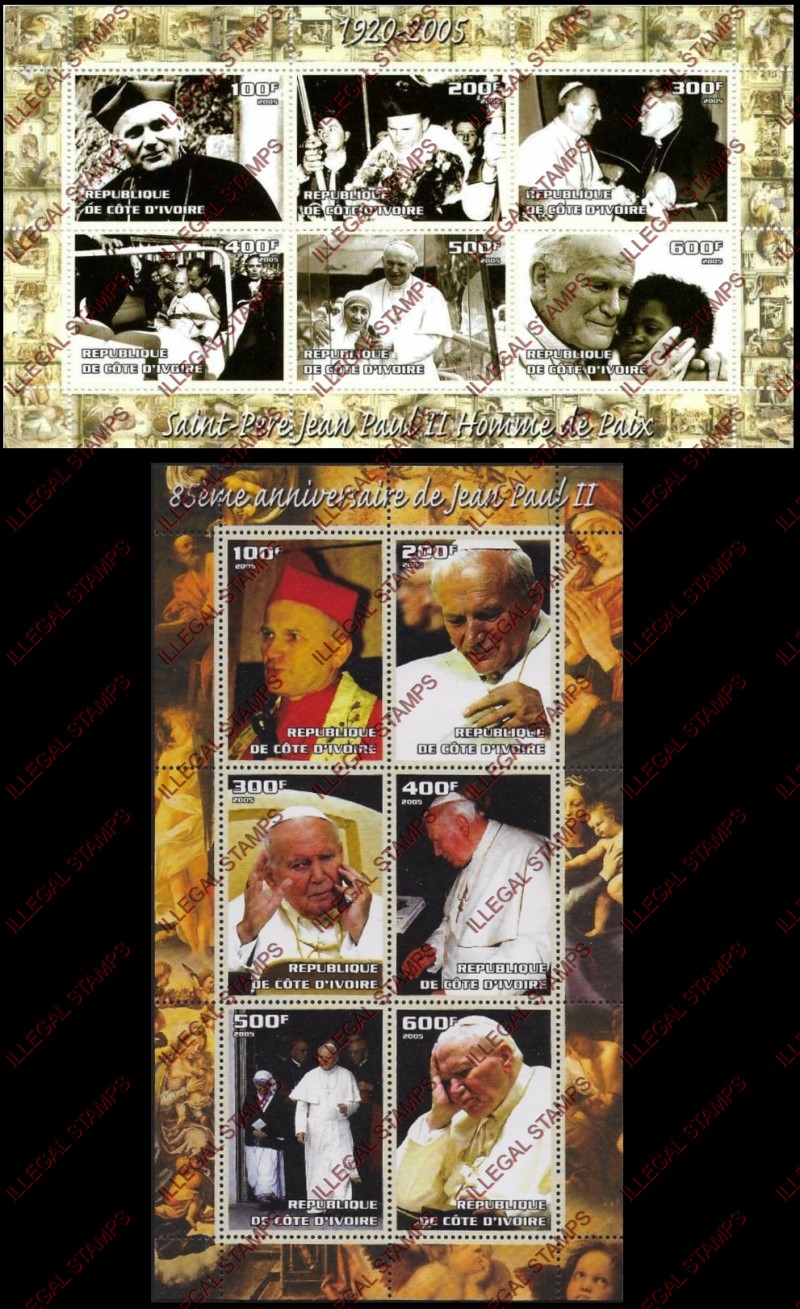Ivory Coast 2005 Pope John Paul II Illegal Stamp Sheetlets of 6