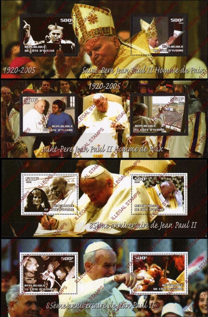 Ivory Coast 2005 Pope John Paul II Illegal Stamp Souvenir Sheets of 2