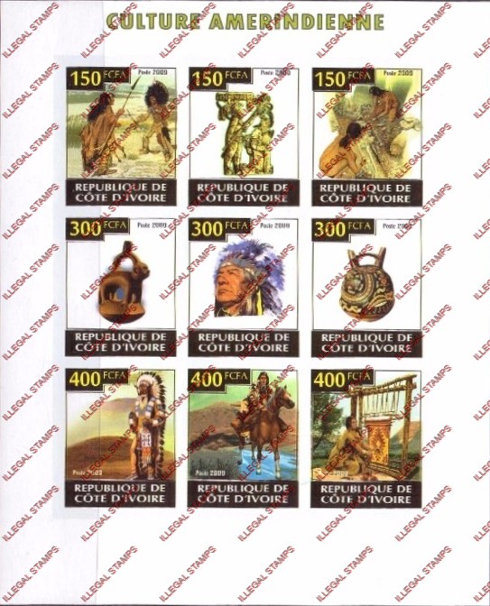 Ivory Coast 2009 American Indian Culture Illegal Stamp Sheetlet of 9