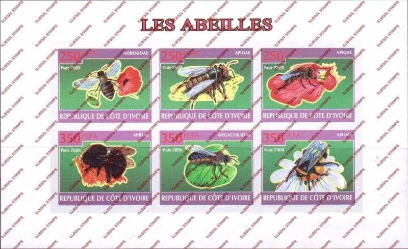 Ivory Coast 2009 Bees Illegal Stamp Sheetlet of 6