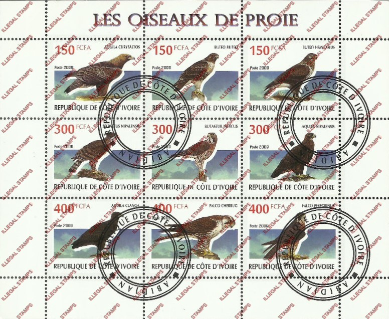 Ivory Coast 2009 Birds of Prey Illegal Stamp Sheetlet of 9
