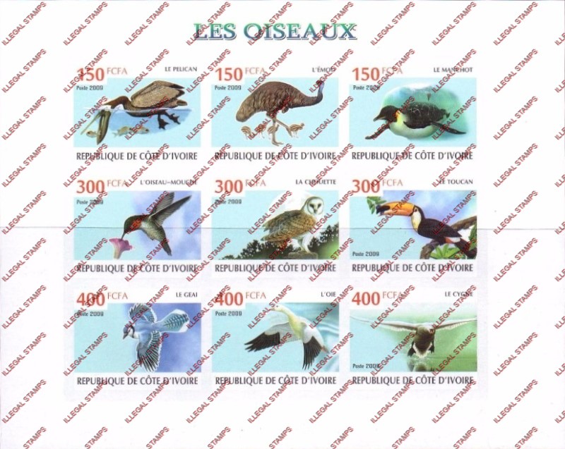 Ivory Coast 2009 Birds Illegal Stamp Sheetlet of 9