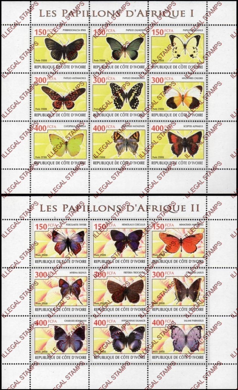 Ivory Coast 2009 Butterflies Illegal Stamp Sheetlets of 9