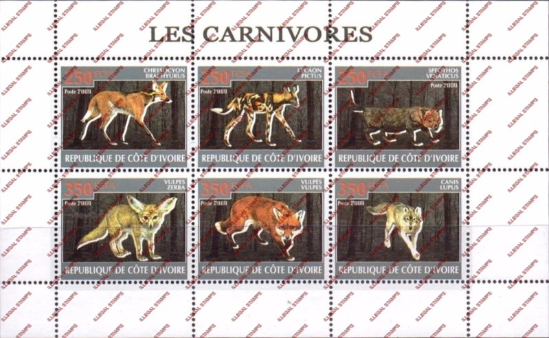 Ivory Coast 2009 Carnivores Illegal Stamp Sheetlet of 6