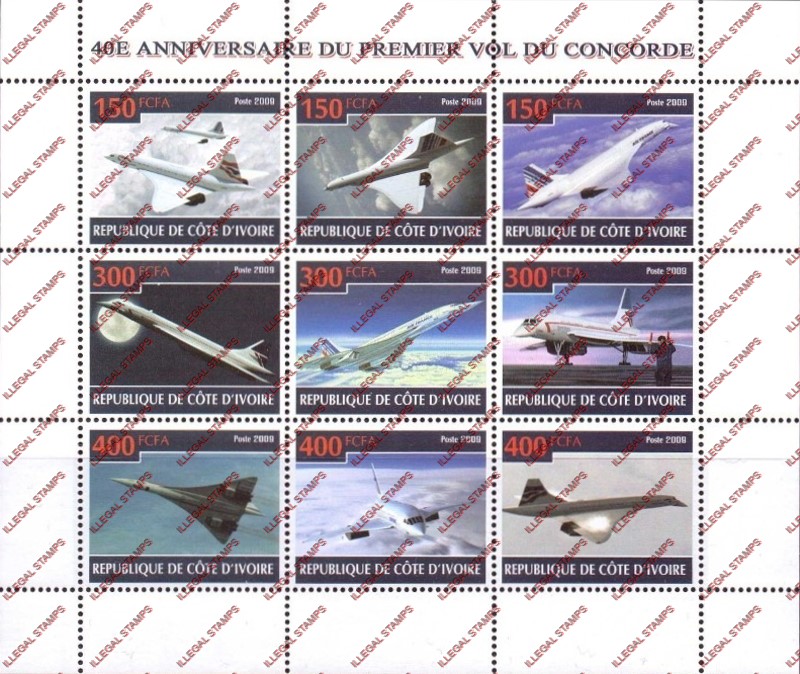 Ivory Coast 2009 Concorde Illegal Stamp Sheetlet of 9