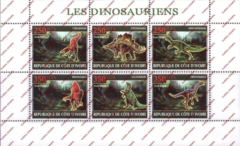 Ivory Coast 2009 Dinosaurs Illegal Stamp Sheetlet of 6