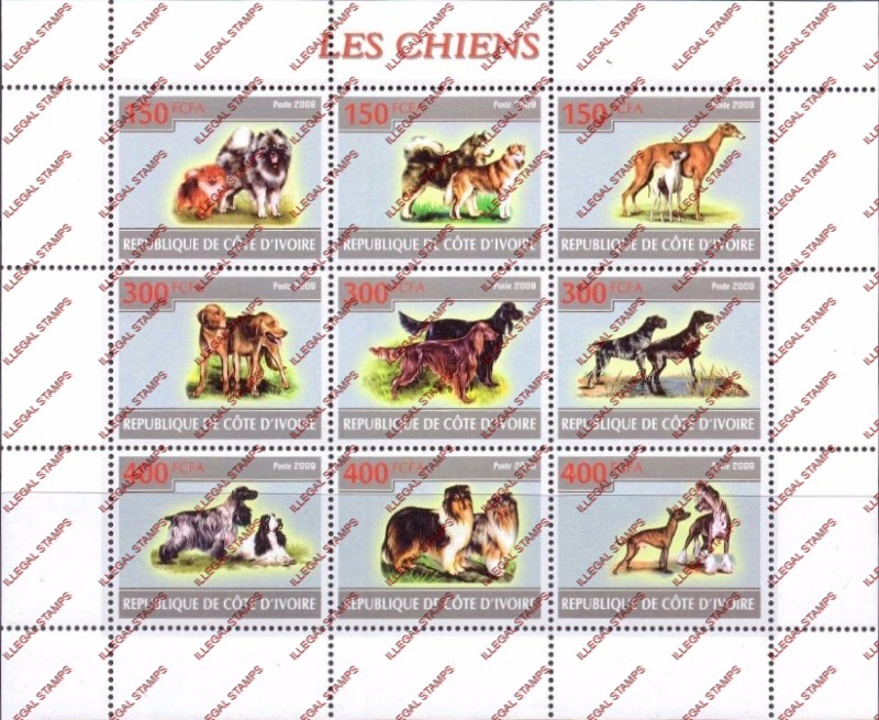 Ivory Coast 2009 Dogs Illegal Stamp Sheetlet of 9