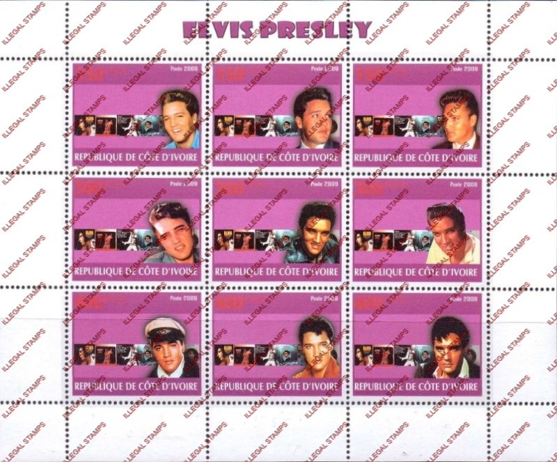 Ivory Coast 2009 Elvis Presley Illegal Stamp Sheetlet of 9
