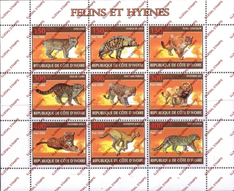 Ivory Coast 2009 Felines and Heyenas Illegal Stamp Sheetlet of 9