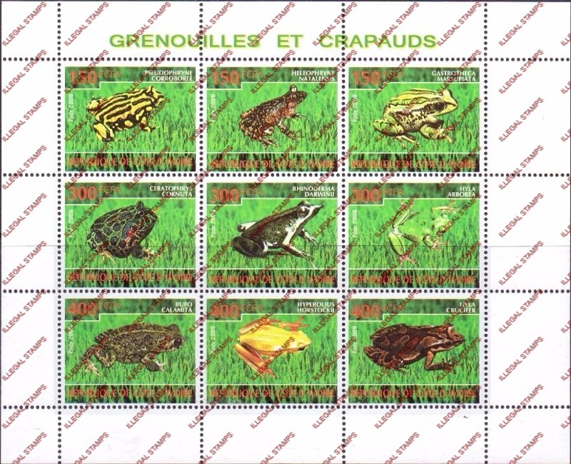 Ivory Coast 2009 Frogs Illegal Stamp Sheetlet of 9