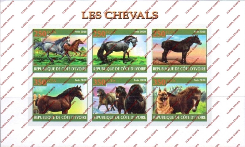 Ivory Coast 2009 Horses Illegal Stamp Sheetlet of 6