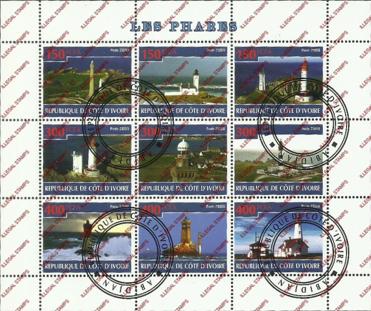 Ivory Coast 2009 Lighthouses Illegal Stamp Sheetlet of 9