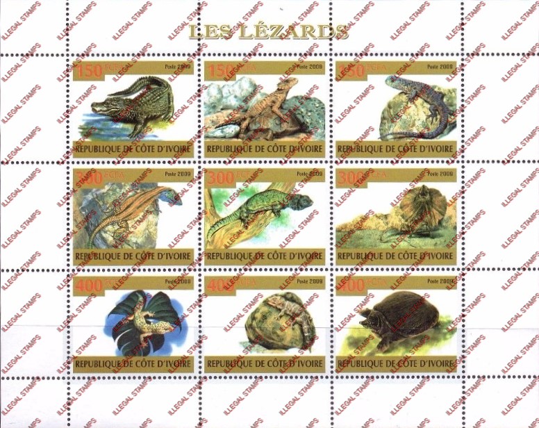 Ivory Coast 2009 Lizards Illegal Stamp Sheetlet of 9