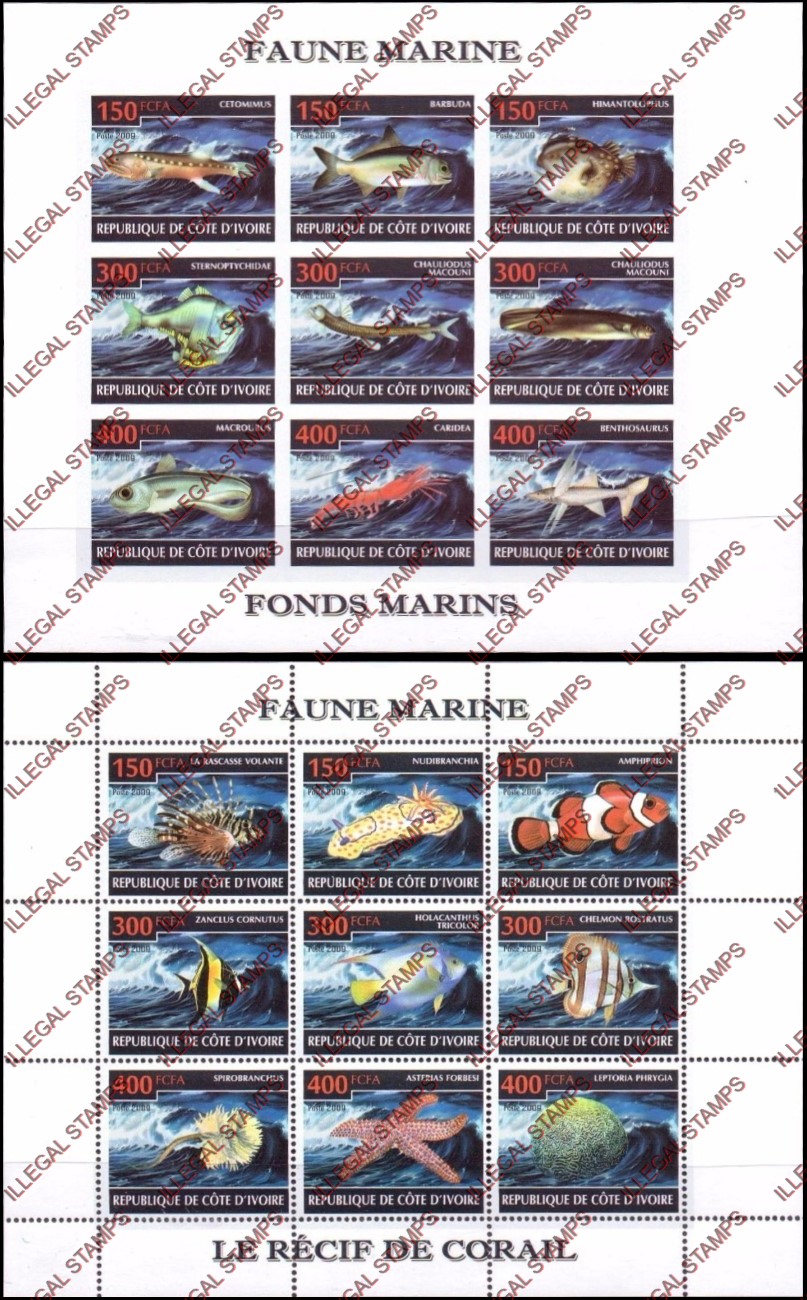 Ivory Coast 2009 Marine Fauna Illegal Stamp Sheetlets of 9