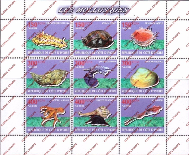Ivory Coast 2009 Mollusks Illegal Stamp Sheetlet of 9