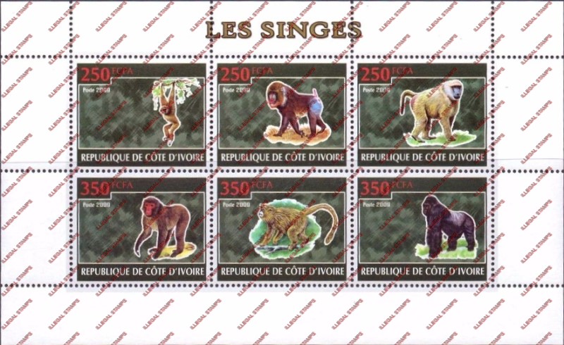 Ivory Coast 2009 Monkeys Illegal Stamp Sheetlet of 6