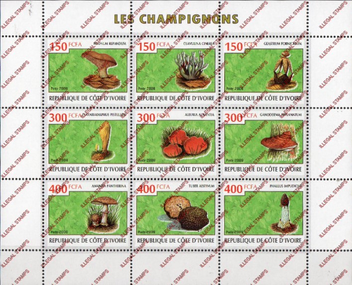 Ivory Coast 2009 Mushrooms Illegal Stamp Sheetlet of 9