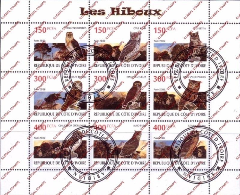 Ivory Coast 2009 Owls Illegal Stamp Sheetlet of 9