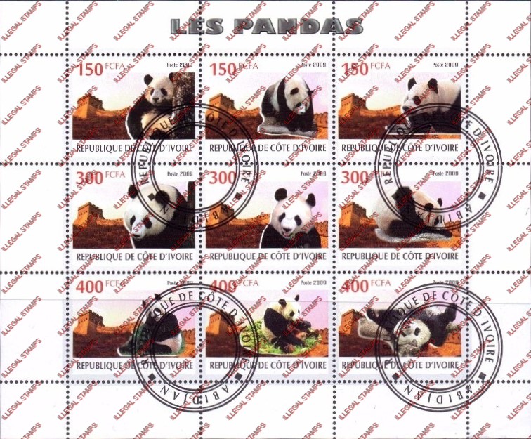 Ivory Coast 2009 Pandas Illegal Stamp Sheetlet of 9