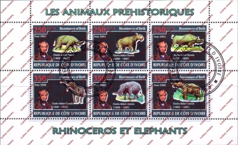 Ivory Coast 2009 Prehistoric Animals Illegal Stamp Sheetlet of 6