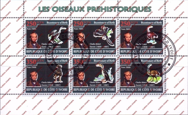 Ivory Coast 2009 Prehistoric Birds Illegal Stamp Sheetlet of 6