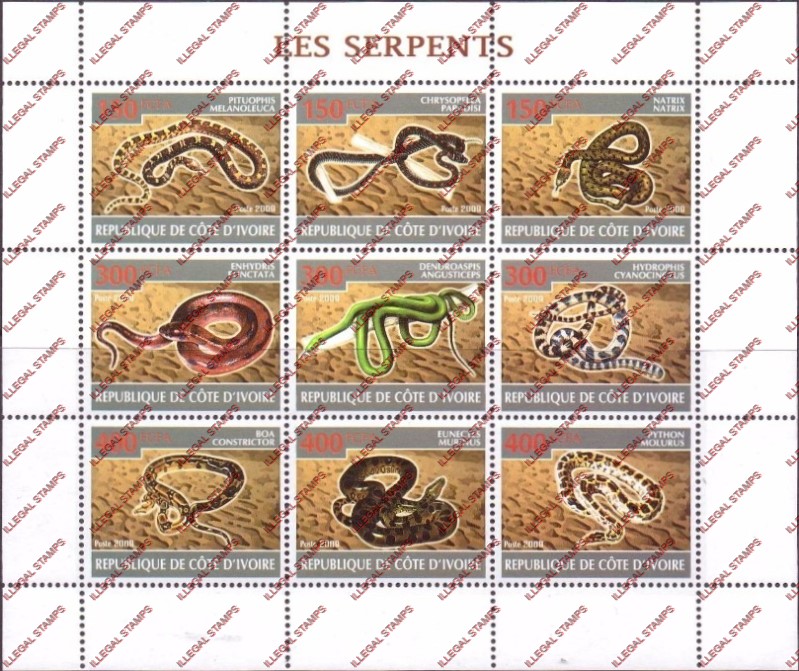 Ivory Coast 2009 Snakes Illegal Stamp Sheetlet of 9