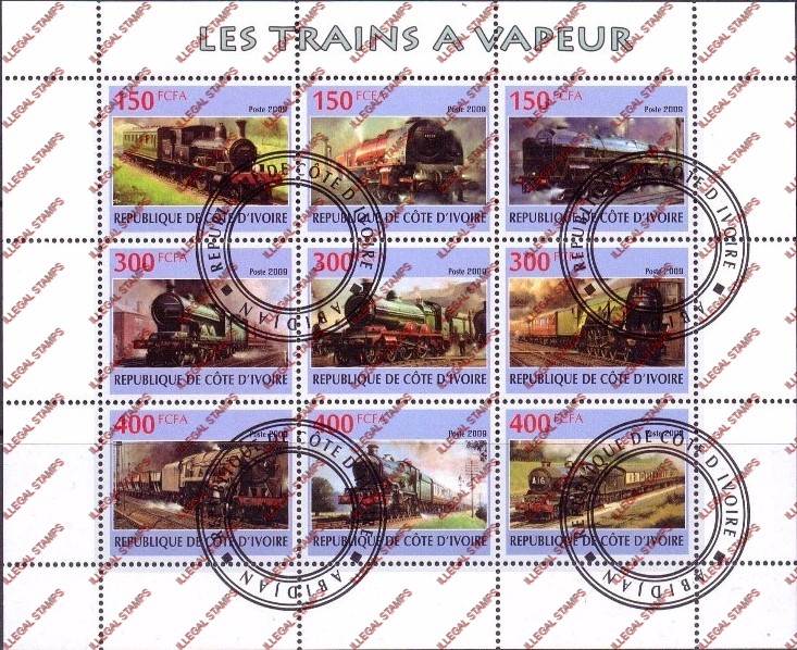 Ivory Coast 2009 Steam Trains Illegal Stamp Sheetlet of 9
