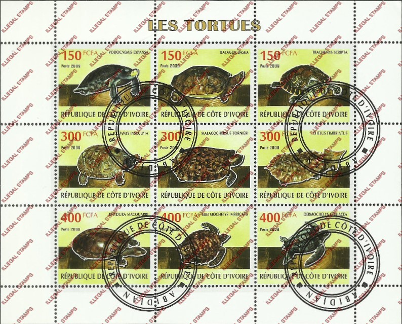 Ivory Coast 2009 Turtles Illegal Stamp Sheetlet of 9