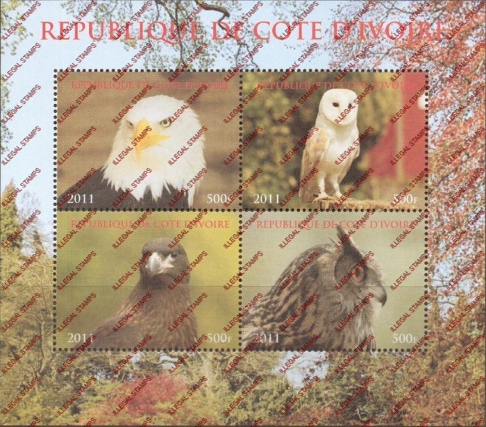 Ivory Coast 2011 Birds of Prey Illegal Stamp Souvenir Sheet of 4