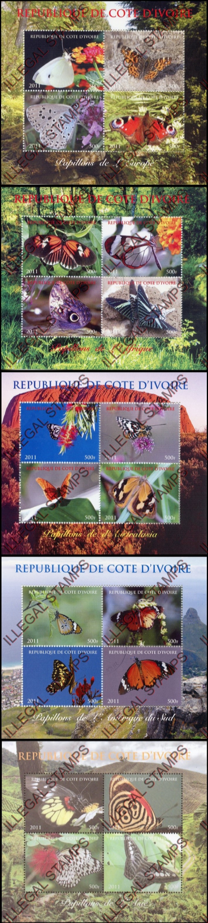Ivory Coast 2011 Butterflies Illegal Stamp Souvenir Sheets of 4