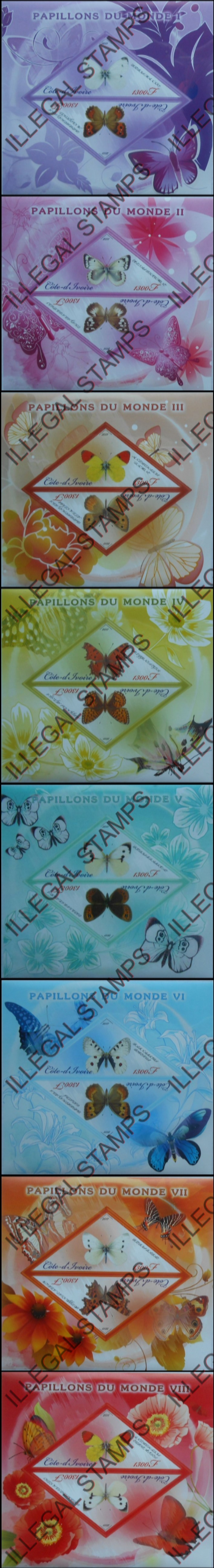 Ivory Coast 2011 Butterflies Illegal Stamp Souvenir Sheets of 2 (Triangles)