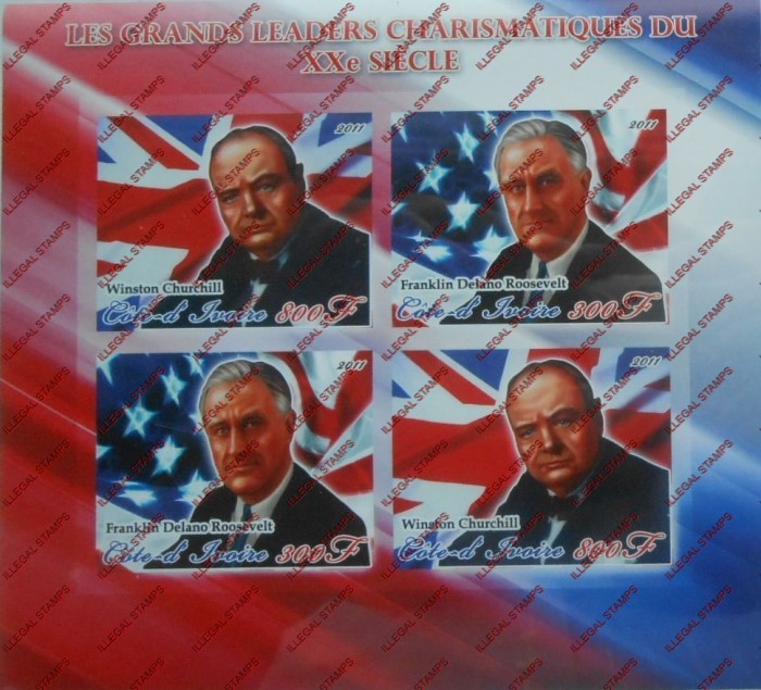 Ivory Coast 2011 Churchill and Roosevelt Illegal Stamp Souvenir Sheet of 4