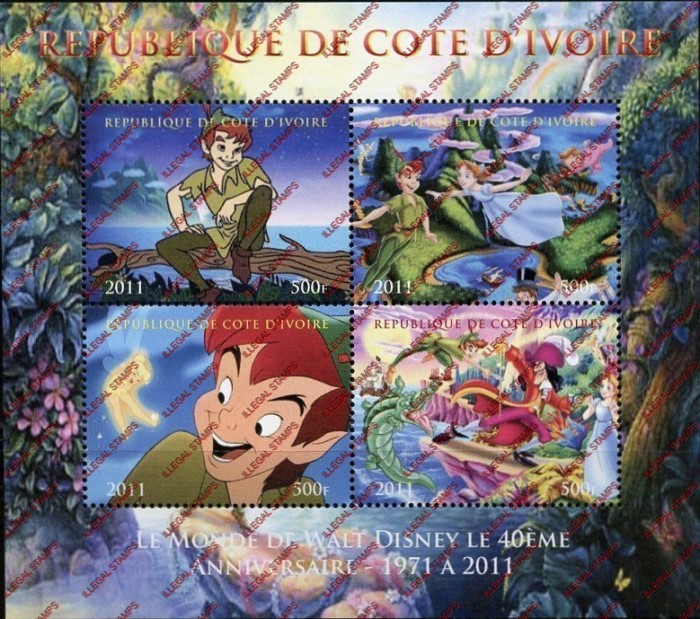 Ivory Coast 2011 Disney Peter Pan Illegal Stamp Souvenir Sheet of 4