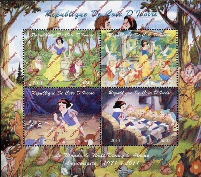 Ivory Coast 2011 Disney Snow White Illegal Stamp Souvenir Sheet of 4
