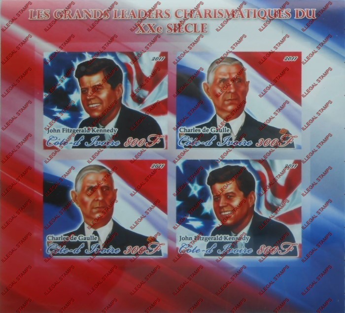 Ivory Coast 2011 Kennedy and de Gaulle Illegal Stamp Souvenir Sheet of 4