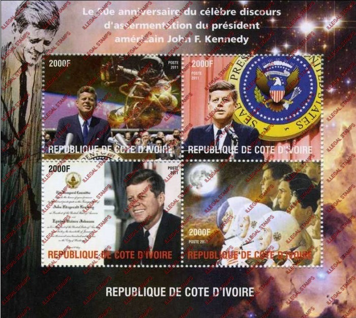 Ivory Coast 2011 John F. Kennedy Illegal Stamp Souvenir Sheet of 4