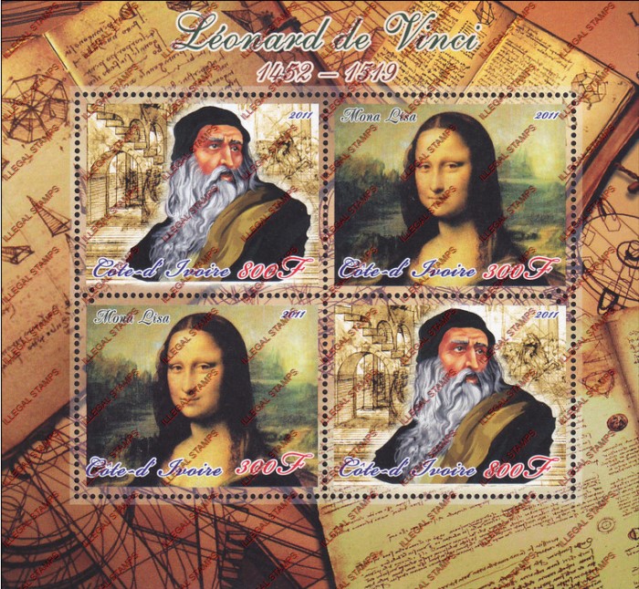 Ivory Coast 2011 Leonard de Vinci Illegal Stamp Souvenir Sheet of 4