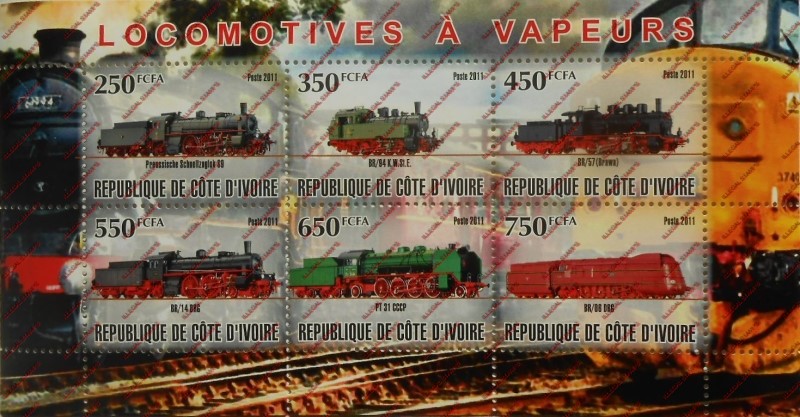 Ivory Coast 2011 Locomotives Illegal Stamp Sheetlet of 9