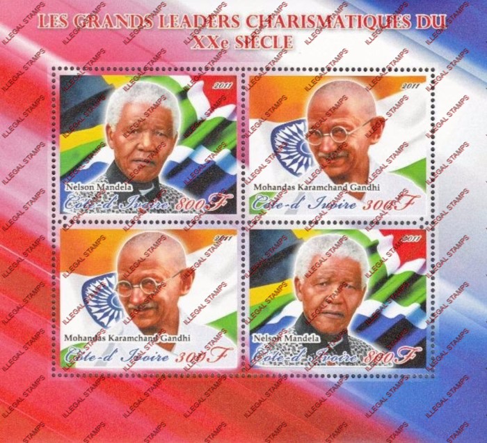 Ivory Coast 2011 Mandela and Gandhi Illegal Stamp Souvenir Sheet of 4
