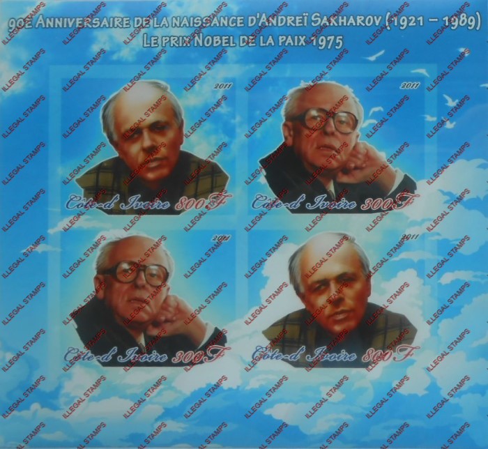 Ivory Coast 2011 Nobel Prize D'Andrei Sakharov Illegal Stamp Souvenir Sheet of 4