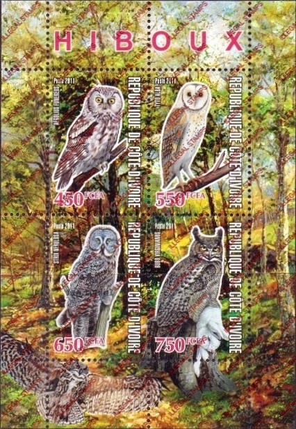 Ivory Coast 2011 Owls Illegal Stamp Souvenir Sheet of 4