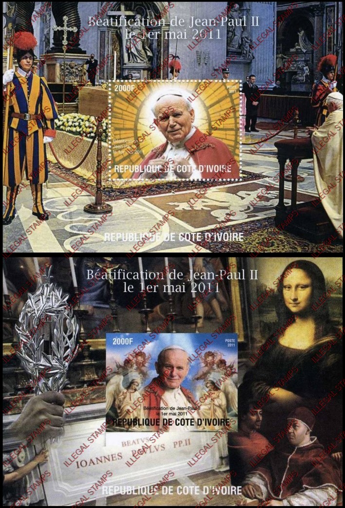 Ivory Coast 2011 Pope John Paul II Illegal Stamp Souvenir Sheets of 1