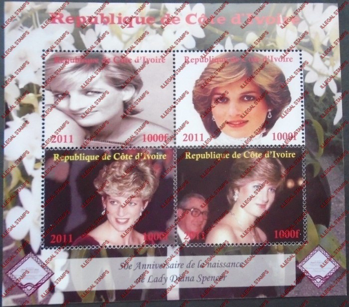 Ivory Coast 2011 Princess Diana Illegal Stamp Souvenir Sheet of 4