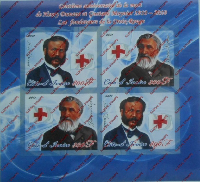 Ivory Coast 2011 Red Cross Dunant and Moynier Illegal Stamp Souvenir Sheet of 4