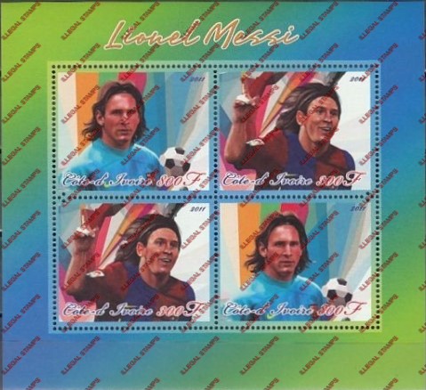 Ivory Coast 2011 Soccer Lionel Messi Illegal Stamp Souvenir Sheet of 4