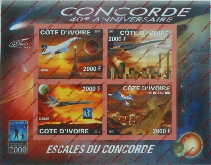 Ivory Coast 2011 Space Concorde Illegal Stamp Souvenir Sheet of 4