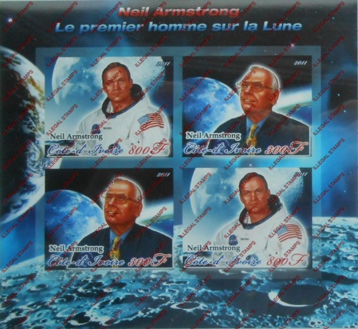 Ivory Coast 2011 Space Neil Armstrong Illegal Stamp Souvenir Sheet of 4
