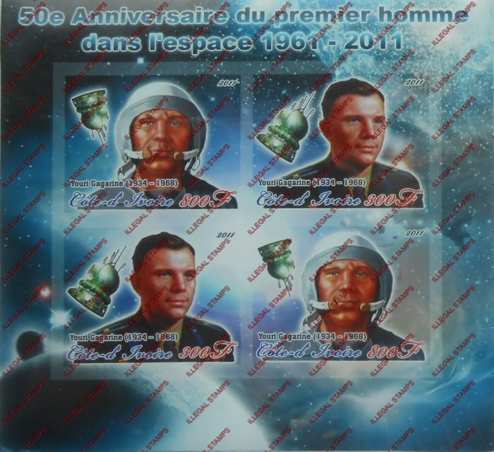 Ivory Coast 2011 Space Youri Gagarine Illegal Stamp Souvenir Sheet of 4