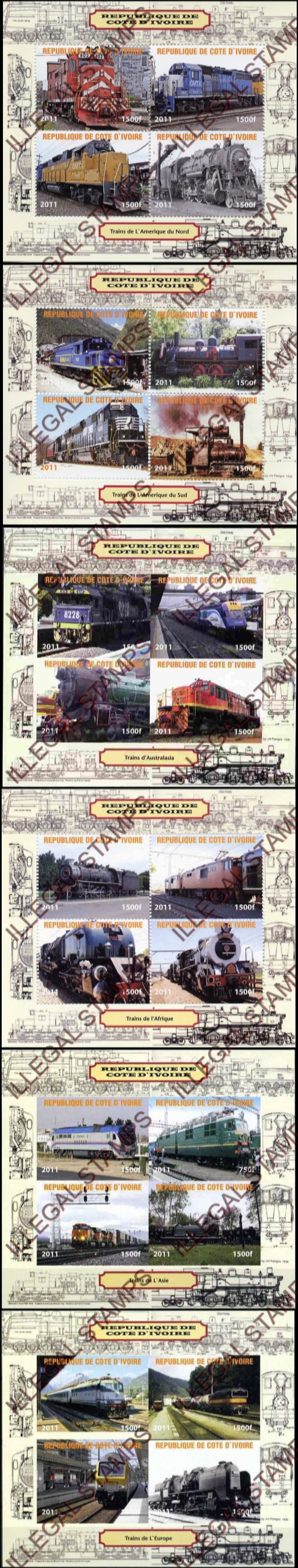 Ivory Coast 2011 Trains Illegal Stamp Souvenir Sheets of 4