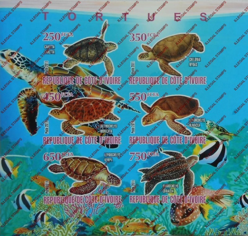 Ivory Coast 2011 Turtles Illegal Stamp Sheetlet of 9